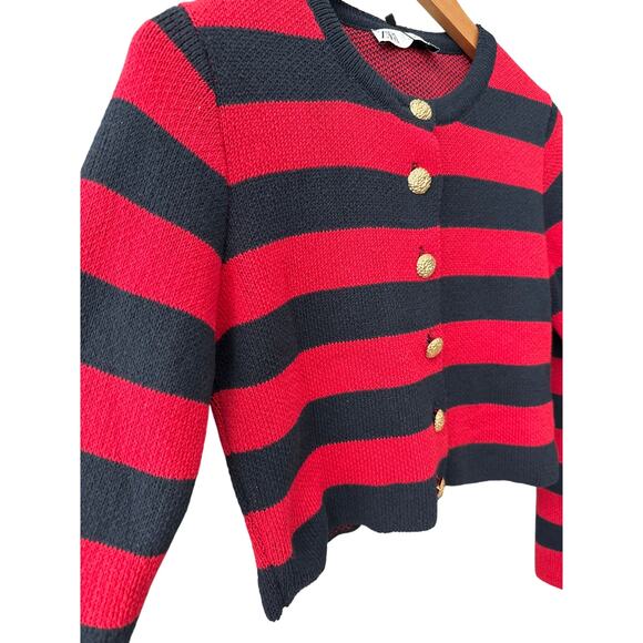 Zara Stripes Cropped‎ Sweater Cardigan Red & Navy Size Medium - Picture 4 of 9